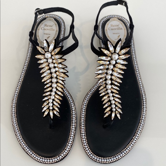 RENE CAOVILLA BLACK LEATHER SUEDE CRYSTAL PEARL SANDALS SIZE IT 38 / IT 8 - Picture 2 of 16